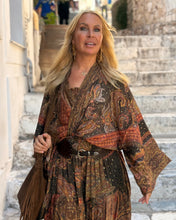 Load image into Gallery viewer, KIMONO BLOUSE/ chocolate and caramel print with golden thread