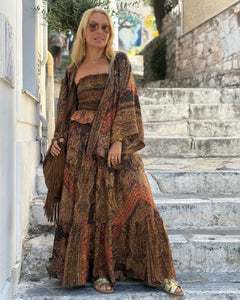 CORSET STRAPLESS TOP / chocolate briwn, caramel print with golden thread