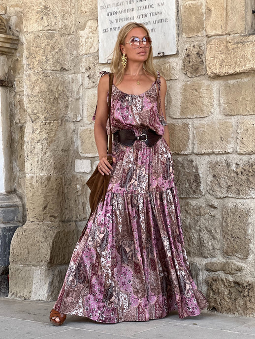 KARIATIDE MAXI DRESS/ Rasberry and Choco: pink and chocolate brown silk