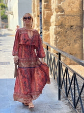 Load image into Gallery viewer, BOHOSOUL MAXI DRESS/ brick red+burgundy paisley print woth metallic thread