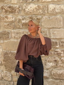 CARMEN BLOUSE / milk chocolate brown crepe satin