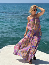 Load image into Gallery viewer, JOY MAXI DRESS with low waist and 6 mtrs volant/ blue orchid oriental print