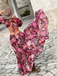 NUSA MAXI DRESS/ red and pink floral chiffon