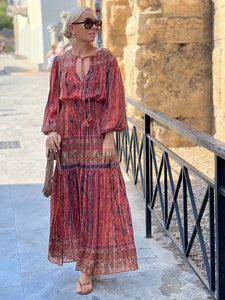 BOHOSOUL MAXI DRESS/ brick red+burgundy paisley print woth metallic thread