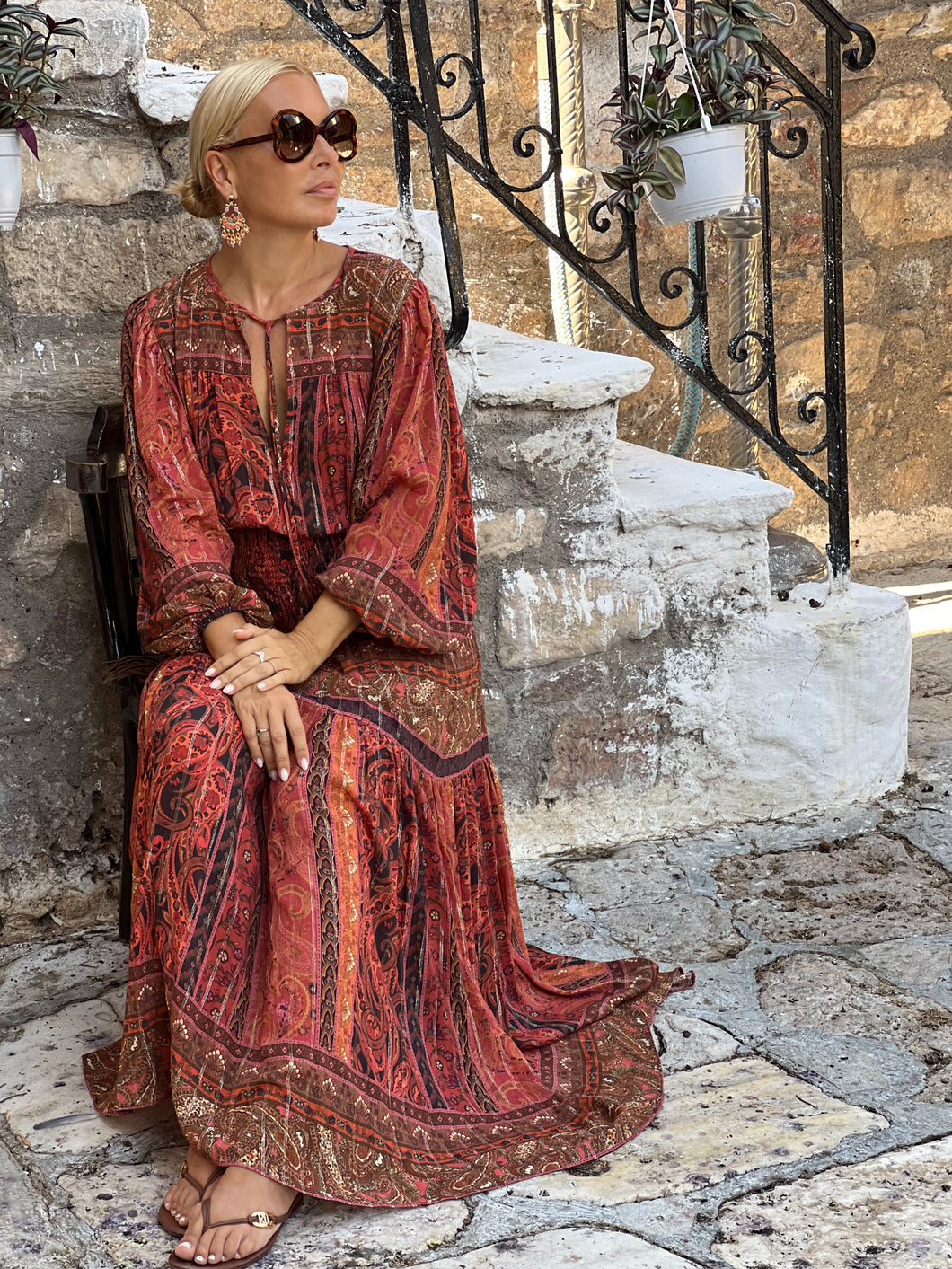 BOHOSOUL MAXI DRESS/ brick red+burgundy paisley print woth metallic thread