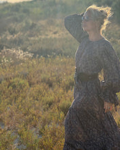 Load image into Gallery viewer, NOMAD MAXI DRESS/ earthy colors with purple paisley print and metallic thread