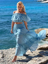 Load image into Gallery viewer, GYPSETTE MAXI SKIRT/ 6 mtrs volant/ sky blue cotton voile