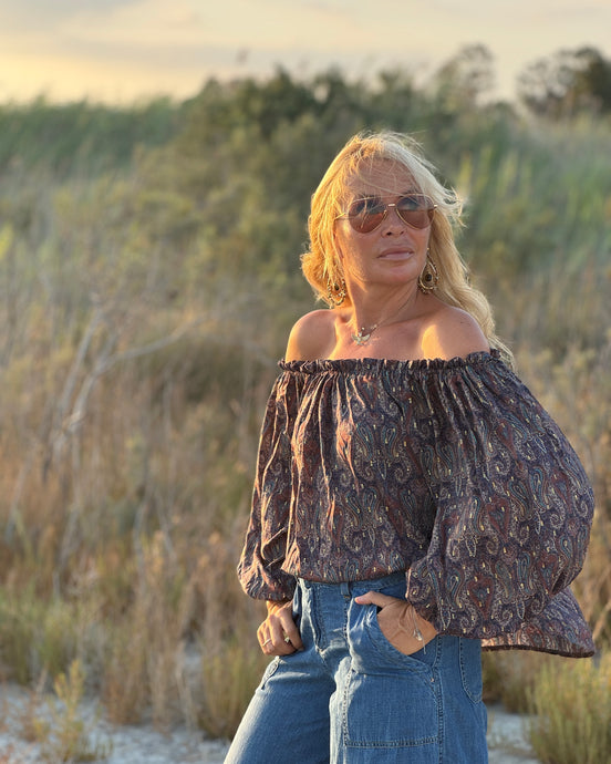 CARMEN BLOUSE/ earthy colors with purple paisley print and metallic thread