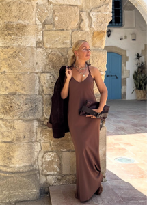 SLIP MAXI DRESS/ milk chocolate brown crepe satin