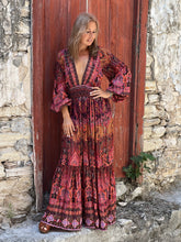 Load image into Gallery viewer, HIPPIE MAXI DRESS/burgundy red paisley print with metallic thread