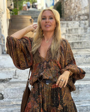 Load image into Gallery viewer, THALASSA BLOUSE WITH XL BELL SLEEVES / chocolate brown, caramel print and golden thread