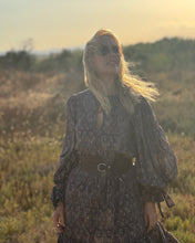 Load image into Gallery viewer, NOMAD MAXI DRESS/ earthy colors with purple paisley print and metallic thread