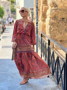 BOHOSOUL MAXI DRESS/ brick red+burgundy paisley print woth metallic thread