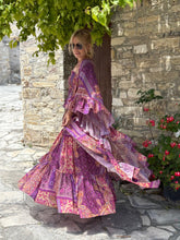 Load image into Gallery viewer, GYPSETTE MAXI SKIRT WITH 6 mtrs ruffle/ amethyst purple oriental print
