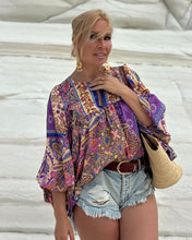 Load image into Gallery viewer, THALASSA BLOUSE WITH XL SLEEVES/ wild orchid blue , purple, yellow oriental print