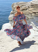Load image into Gallery viewer, GYPSETTE MAXI SKIRT with 6 mtrs volant / rainbow paisley print /