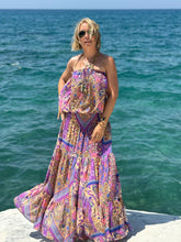 Load image into Gallery viewer, JOY MAXI DRESS with low waist and 6 mtrs volant/ blue orchid oriental print