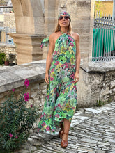 Load image into Gallery viewer, CAMELIA MAXI DRESS with open back / green+lime floral print