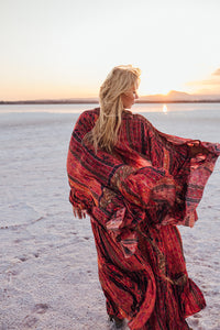 MUSE SHORT KIMONO /PONCHO / brick red oriental print