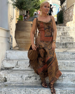 SLIP MAXI DRESS/ chocolate brown and caramel print with golden thread