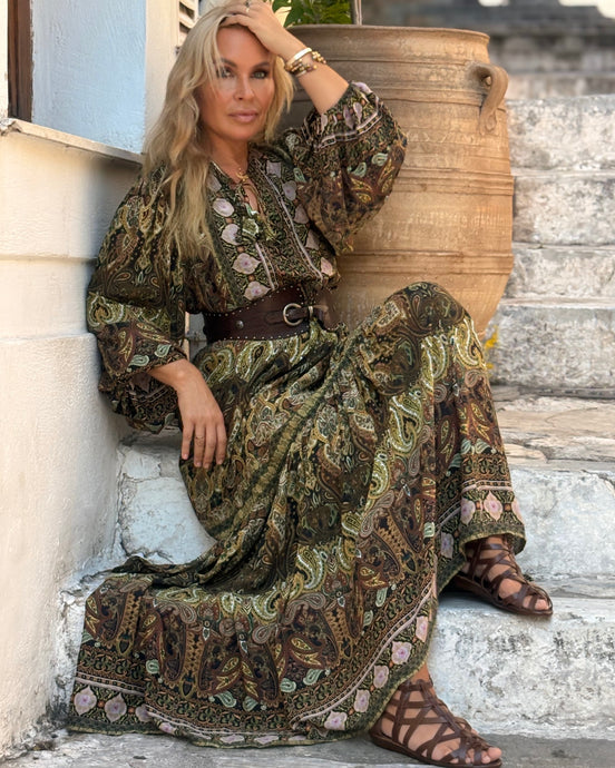 NOMAD MAXI DRESS/ green and olive green paisley print