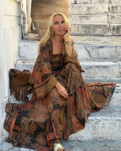CORSET STRAPLESS TOP / chocolate briwn, caramel print with golden thread