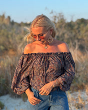 Load image into Gallery viewer, CARMEN BLOUSE/ earthy colors with purple paisley print and metallic thread
