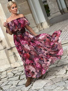 FLAMENCO MAXI DRESS/ red and pink floral chiffon