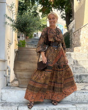 Load image into Gallery viewer, DREAM MAXI DRESS/ chocolate brown and caramel print with golden thread