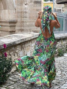 CAMELIA MAXI DRESS with open back / green+lime floral print