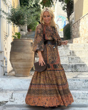 Load image into Gallery viewer, DREAM MAXI DRESS/ chocolate brown and caramel print with golden thread
