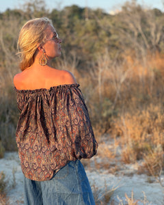 CARMEN BLOUSE/ earthy colors with purple paisley print and metallic thread