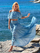 Load image into Gallery viewer, GYPSETTE MAXI SKIRT/ 6 mtrs volant/ sky blue cotton voile