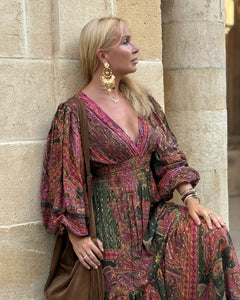 HIPPIE MAXI DRESS/ tourmaline print with golden thread