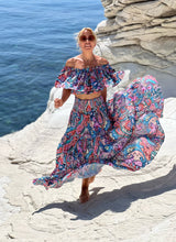 Load image into Gallery viewer, GYPSETTE MAXI SKIRT with 6 mtrs volant / rainbow paisley print /