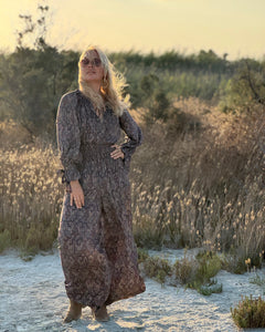 GLOW JUMPSUIT/ earthy and purple painsley print with metallic thread