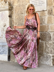 KARIATIDE MAXI DRESS/ Rasberry and Choco: pink and chocolate brown silk