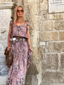 KARIATIDE MAXI DRESS/ Cafe Latte:  beige+dusty rose silk