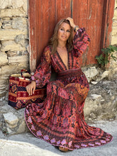 Load image into Gallery viewer, HIPPIE MAXI DRESS/burgundy red paisley print with metallic thread