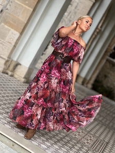 FLAMENCO MAXI DRESS/ red and pink floral chiffon