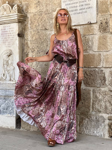KARIATIDE MAXI DRESS/ Rasberry and Choco: pink and chocolate brown silk