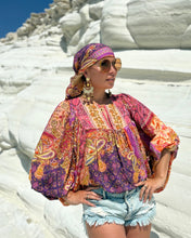 Load image into Gallery viewer, THALASSA BLOUSE WITH XL SLEEVES/ spicy orange and fuchsia oriental print