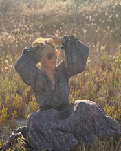 Load image into Gallery viewer, NOMAD MAXI DRESS/ earthy colors with purple paisley print and metallic thread