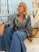 Load image into Gallery viewer, HIPPIE BLOUSE/ blue and chocolate brown paisley