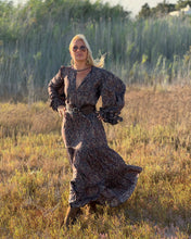 Load image into Gallery viewer, NOMAD MAXI DRESS/ earthy colors with purple paisley print and metallic thread
