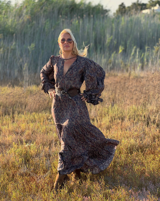 NOMAD MAXI DRESS/ earthy colors with purple paisley print and metallic thread
