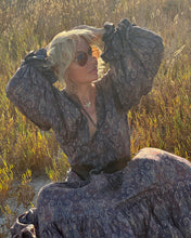 Load image into Gallery viewer, NOMAD MAXI DRESS/ earthy colors with purple paisley print and metallic thread