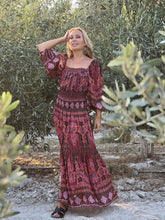 Load image into Gallery viewer, BELLA MAXI DRESS/ burgundy and red paisley print with metallic thread