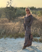 Load image into Gallery viewer, GLOW JUMPSUIT/ earthy and purple painsley print with metallic thread