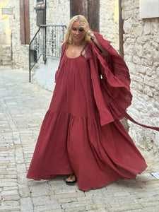 MUSE KIMONO WITH RUFFLES/ wine red cotton